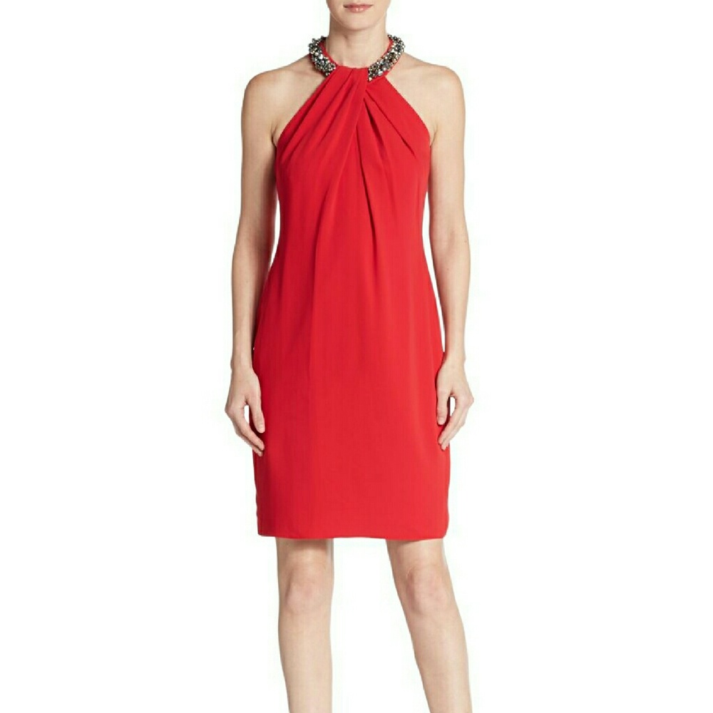 Carmen Marc Valvo Red Beaded Halter Midi Dress